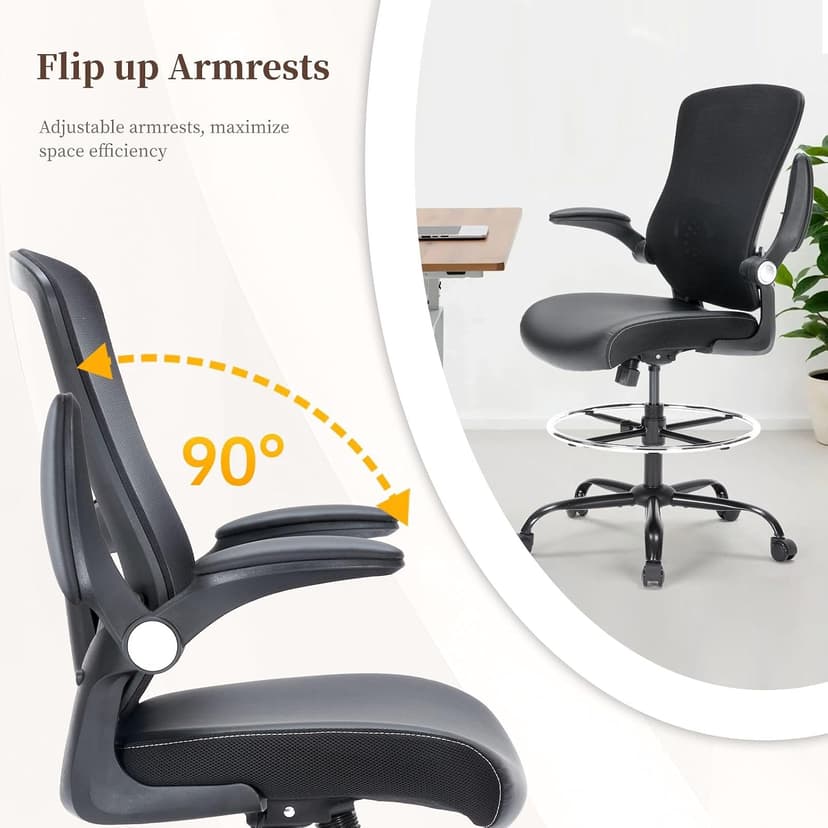 Drafting Chair, Tall Office Chair with PU Leather Seat, Ergonomic Standing Desk Chair with Lumbar Support Counter Height Office Chair with Adjustable Footrest Ring Flip-up Armrests