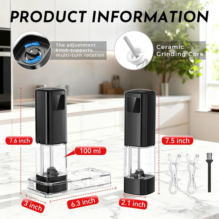 LED Display & Light, Ceramic Core, Adjustable Grind, 3.5 oz x2, Kitchen Gadget for Cooking, BBQ, Home Gifts for Women Men Electric Salt and Pepper Grinder Set,Automatic Pepper Mill Shakers,2 Pack B0FCF875FT