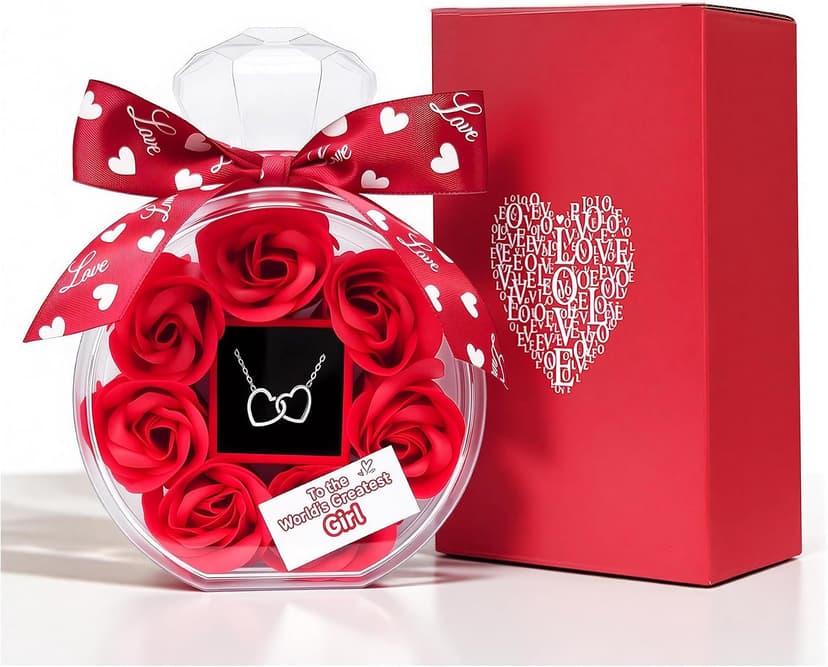 Anniversary Cute Women Artificial Soap Rose Flowers with Double Heart Necklace Present Gifts for Girlfriend Valentines Day Birthday Gift B0GW7XRWSC