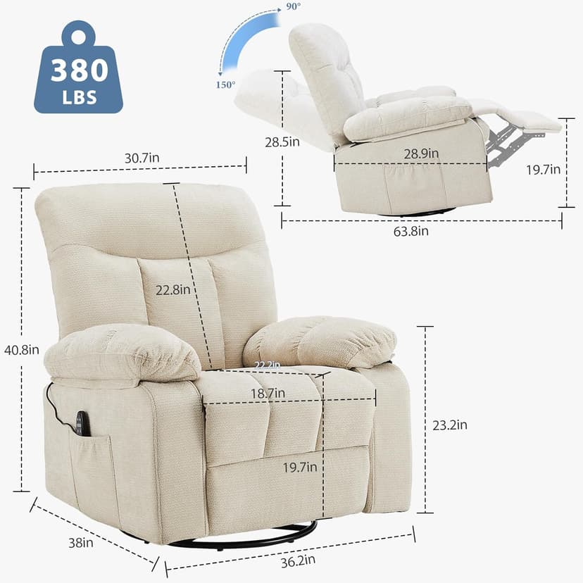 Recliner Chair, Durable & Tear-Resistant Massage Chair with Heating, Premium Chenille Fabric Massage Recliner Supports up to 380 LBS for Living Room, Bedroom, Beige