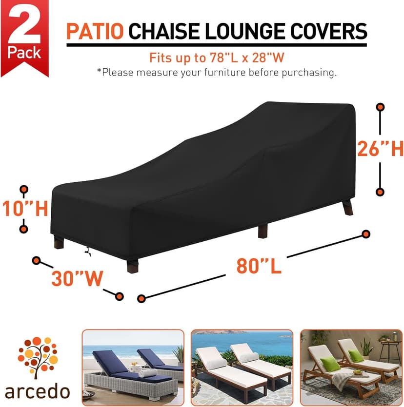 Arcedo Patio Chaise Lounge Cover Water Resistant, 2 Pack of Pool Lounge Chair Covers for Outside Stackable Cushions and Outdoor Furniture, 80" x 30" x 26" H, Black