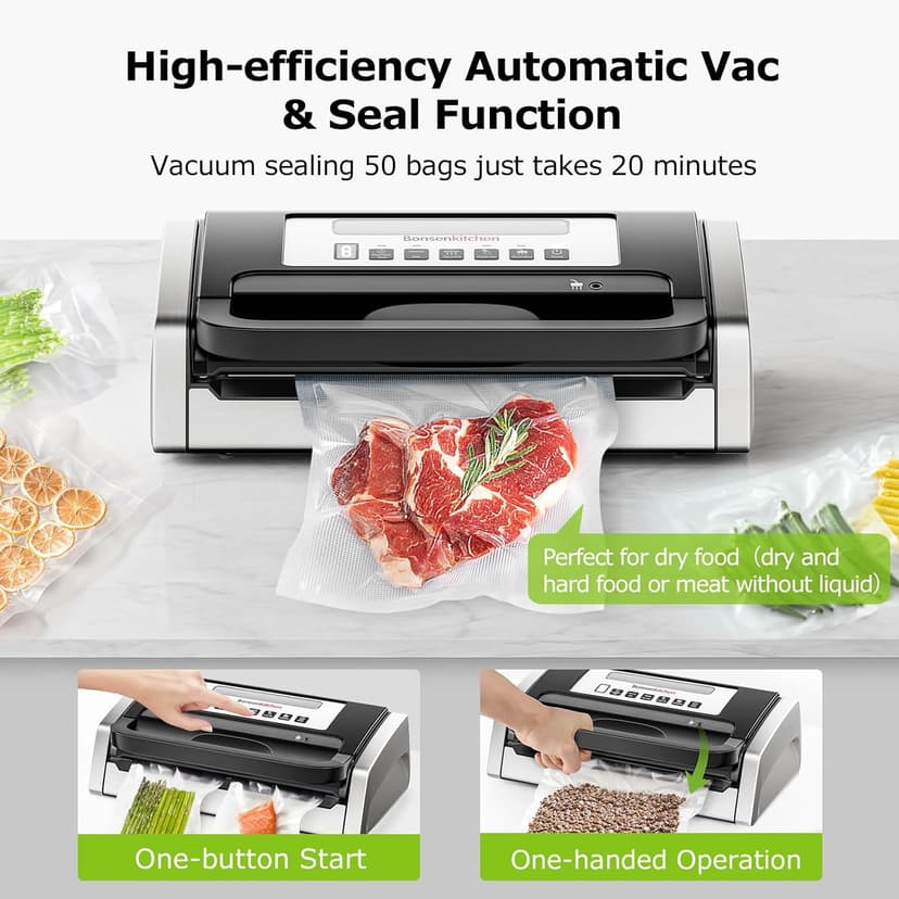 Bonsenkitchen Vacuum Sealer Machine, Globefish Technology for Perfect Vacuum Sealing, Powerful Low-Noise Food Vacuum Sealer with Easy Handle Design, Built-in Cutter & Bag Storage, 1 Bag Roll & 10 Bags
