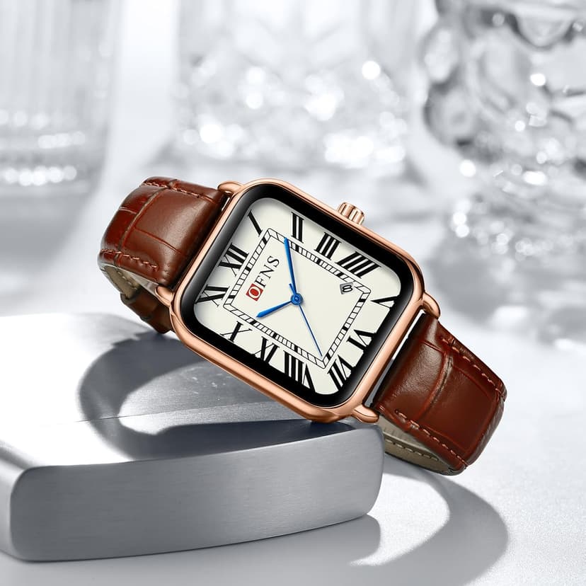 CARLIEN Mens Vintage Dainty Rectangle Square Leather Strap Simple Full Roman Numerals Dial Quartz Watch Gold Silver Tone Case Business Fashion Dress Wristwatch