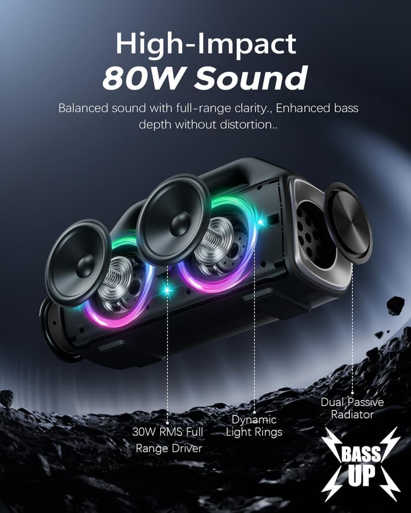 Speakers, 80w (Peak) Portable Wireless Speaker with Lights, Stereo Loud Sound, IP67 Waterproof, Deep Bass Outdoor Speakers Bluetooth 5.3 Dual Pairing for Home Party Beach Camping, Gifts