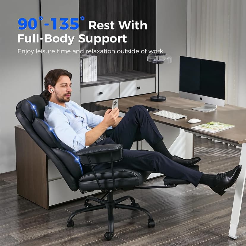 amseatec Big and Tall Office Desk Chair - Wide Ergonomic Executive with Footrest, High Back Lumbar Support Reclining Gaming Computer Chair for Heavy People (Black)