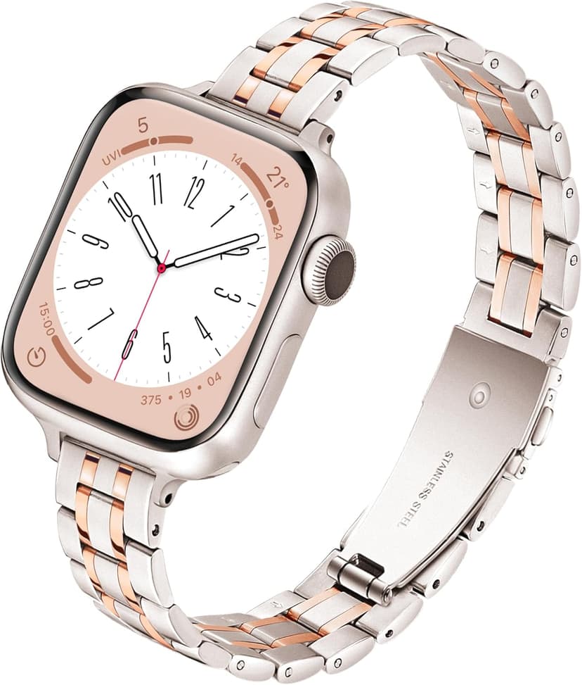 Slim Metal Band for Apple Watch Bands for Women 41mm 40mm 42mm(S10/11) 38mm iWatch Bands, Thin Dressy Fancy Strap for Apple Watch Band Series 10 11 Series 9 8 SE 7 6 5 4 3-Starlight+Rose Gold