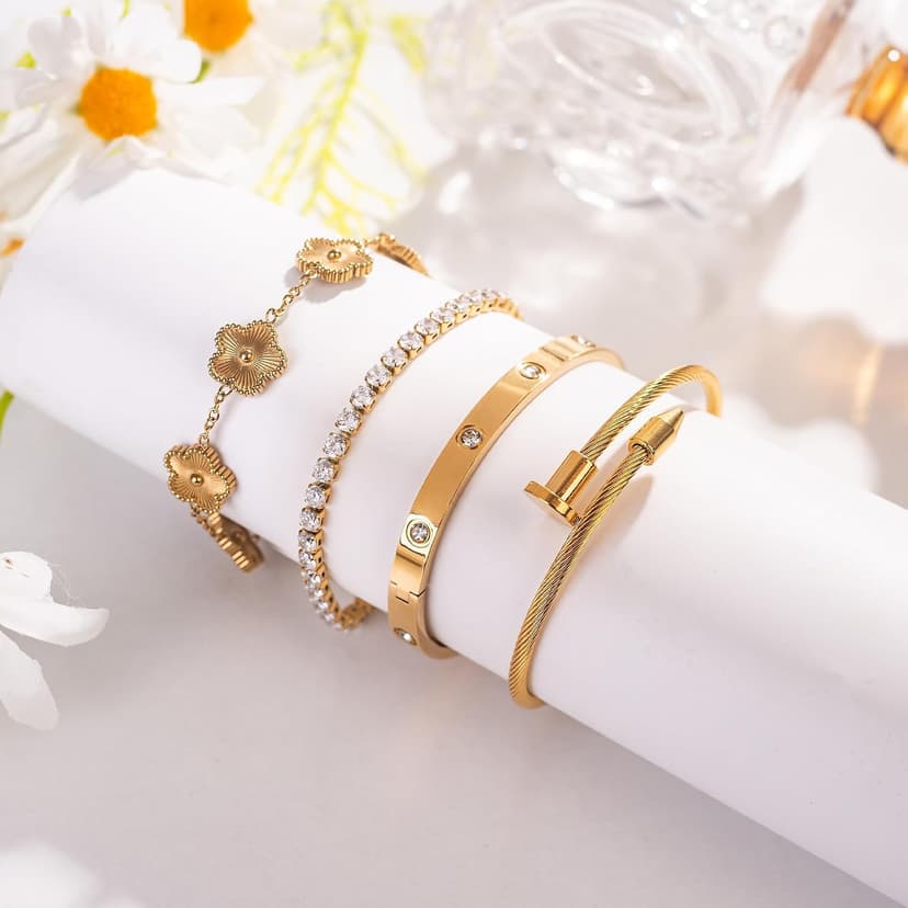 18K Gold Plated Bangle Bracelet Set for Women Stackable Lucky Floral Adjustable Tennis Bracelet Non Tarnish Gift Jewelry for Christmas Valentines Birthday Mother's Day B0FH8ZYLJL