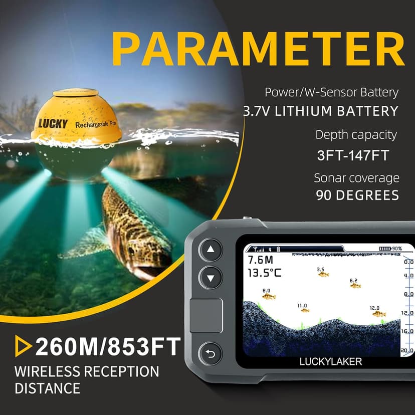 LUCKY Kayak Portable Fish Finder Transducer Wireless Sonar Fish Finders Boat Rechargeable Handheld Fish Depth Finder Fishing MT-202