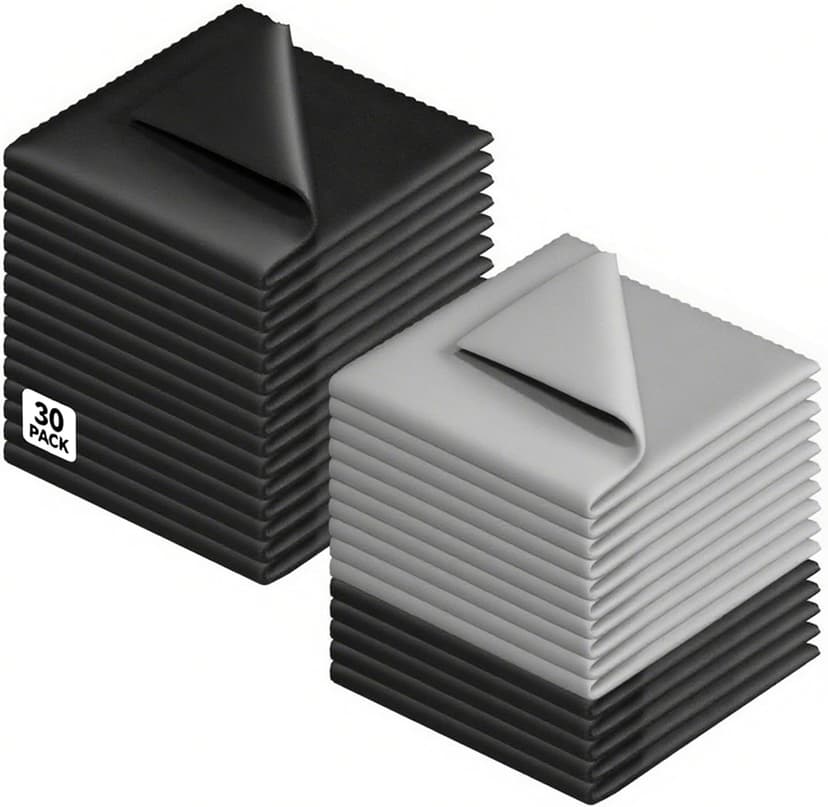 30 Pack Microfiber Cleaning Cloths for Glasses, Lens, Screens – Premium Eyeglass Cloth, 7"x6" Glass Cleaning Wipes, Black & Gray – for Camera, Phone, Laptop, TV & More Washable Reusable