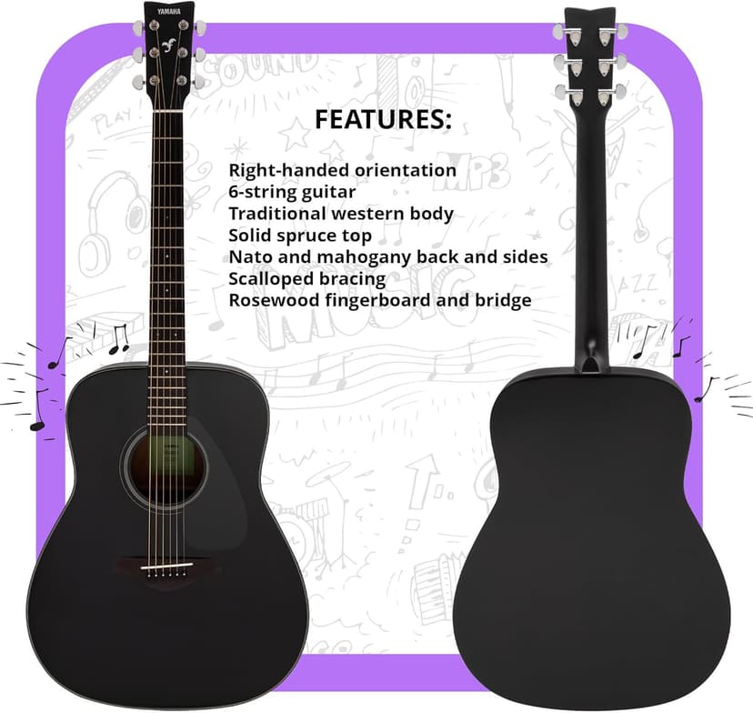 Yamaha FG800J Solid Spruce Top, Traditional Western Gloss Finish Body, 6-String Right-Handed Acoustic Guitar with Rosewood Fingerboard and Bridge (Black), Dreadnought