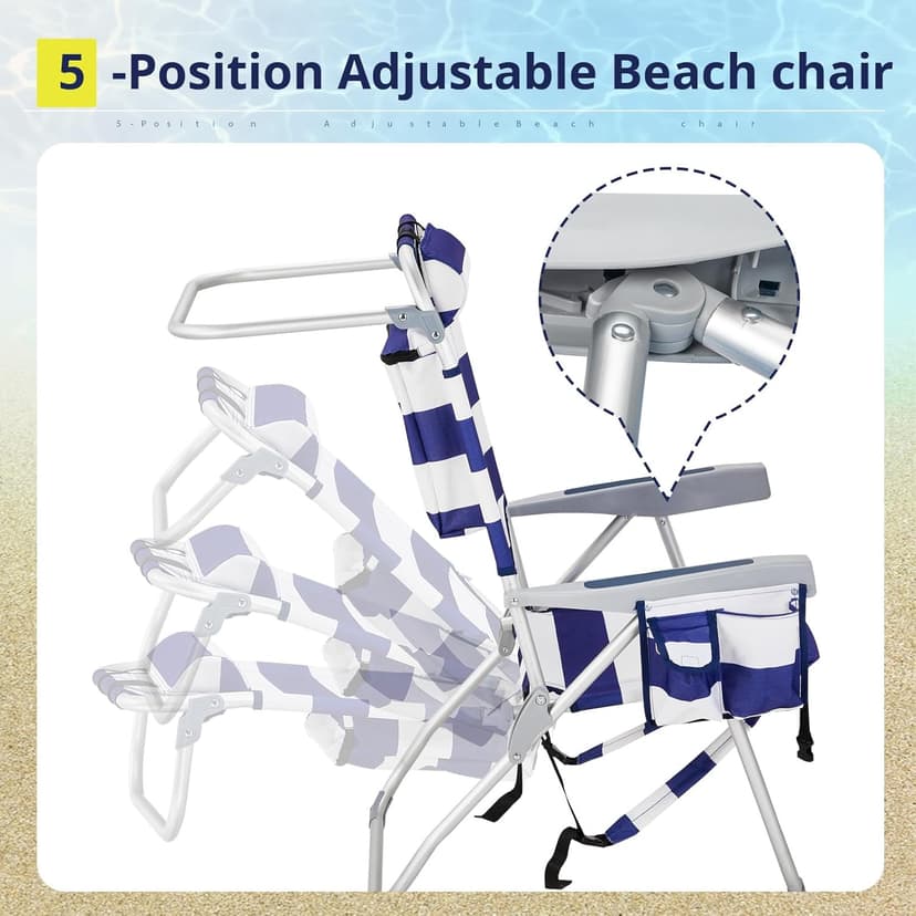 VINGLI Aluminum Backpack Beach Chair for Adults, Portable Lightweight Reclining Beach Chair with Headrest & Side Pocket, Lay Flat Beach Chair with 5 Positions for Outdoor Lawn/Fishing/Pool Lounge