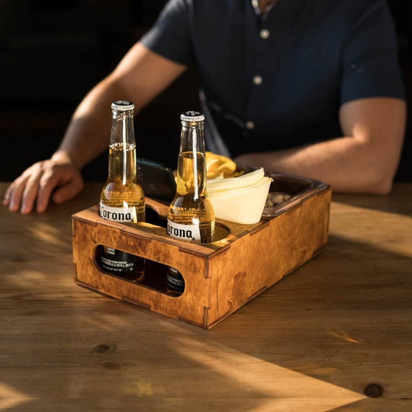 Wood Beer Box - Gift for Beer Lovers, Dad, Man, Him, Boyfriend- Drink Box Snacks Tray- Table Stand Caddy with slots for glasses, chips, nuts- Couch Organizer for Beverages, Remote Control, Phone stand