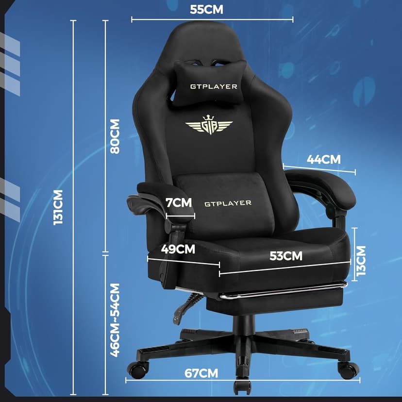 GTPLAYER Big and Tall Gaming Chair Fabric with Pocket Spring Cushion, High Back Ergonomic Computer Chair with Footrest for Adults Lumbar Support Swivel Game Chair for Office Gaming 350LBS, Black