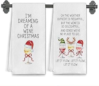 Funny Christmas Wine Kitchen Towels, Gifts for Wine Lovers Dish Tea Towels for Kitchen Bar Cart Decor, Winter Holiday Xmas Wines Decorative Hand Towel, 16x24 Inch Set of 2