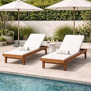 Christopher Knight Home Dina Set of 2 Chaise Lounge Chair Outdoor, Acacia Wood Frame Sunbathing Pool Lounger, Adjustable Backrest Patio Lounge Chaise for Poolside/Garden/Backyard, Teak + White