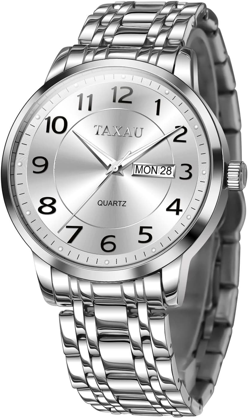 Taxau Watches for Men Stainless Steel Waterproof Two Tone Luxury Casual Silver Wrist Watch Quartz Analog Business Big Face Classic Dress Mens Watches with Day Date