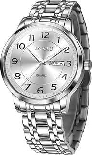 Taxau Watches for Men Stainless Steel Waterproof Two Tone Luxury Casual Silver Wrist Watch Quartz Analog Business Big Face Classic Dress Mens Watches with Day Date