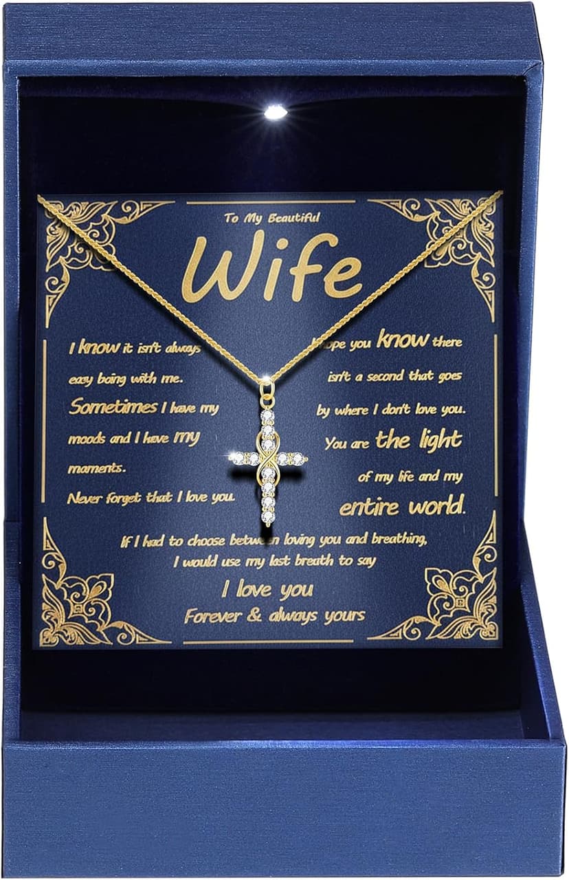 11 Round Moissanites,D-VVS1,Gifts for Christian Women,Religious Faith Jewelry|Anniversary Birthday Gifts for Wife Her w/LED Infinity Moissanite Cross Necklace for Women|S925 18K Gold Filled B0GVN8C6P5