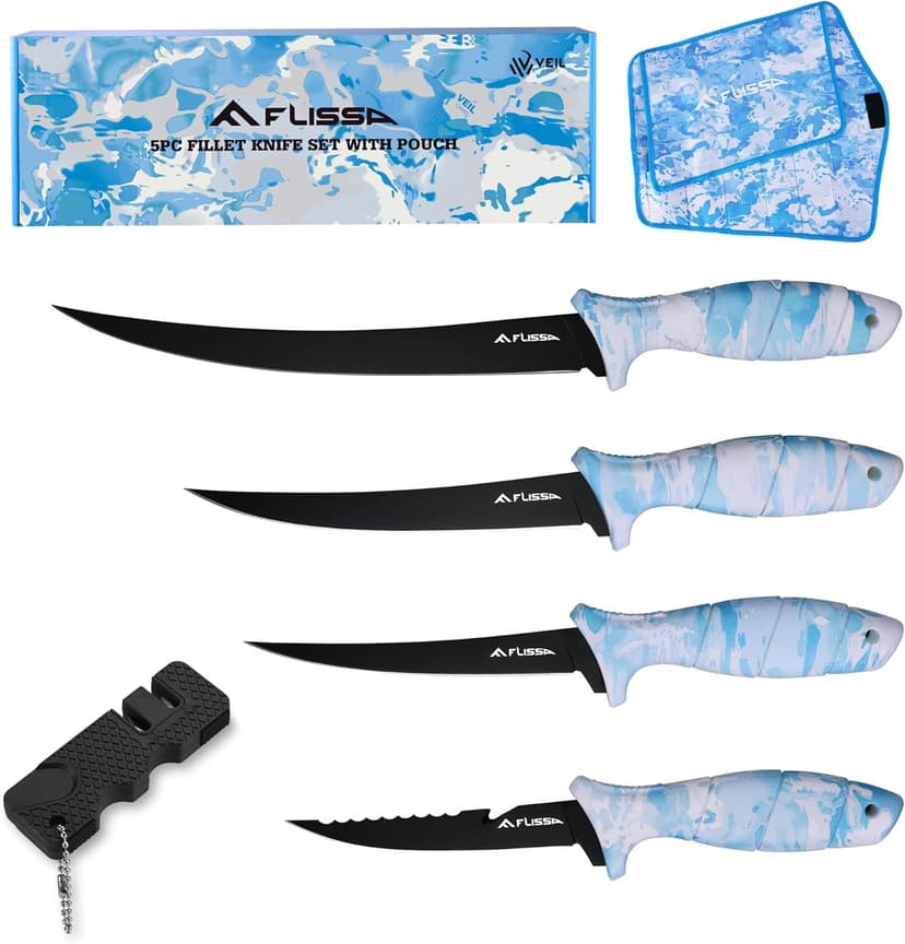 FLISSA Fillet Knife Set with 5"/6"/7"/9" Fillet Knives, Sharpener, Protective Sheath, Portable Roll Bag, Gifts for Fishermen, Saltwater & Freshwater Use