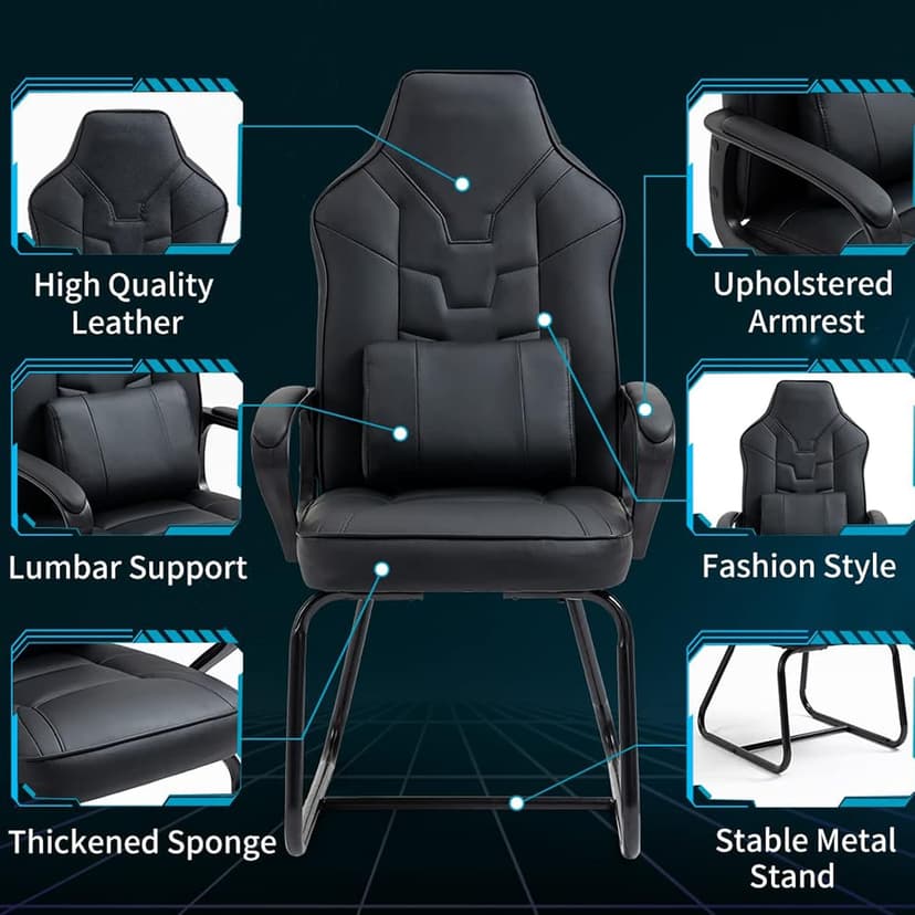 Leather Office Guest Chair No Wheels High Back Computer Reception Chairs with Padded Arms Waist Pillow for Gaming Meeting Conference Waiting Room, Black