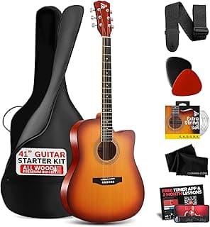 Pyle Steel String Acoustic Guitar Kit, 4/4 Full Size Cutaway All-Wood Guitarra Acustica with Premium Accessory Set and Upgraded Gig Bag, 41" Cherry Burst Glossy