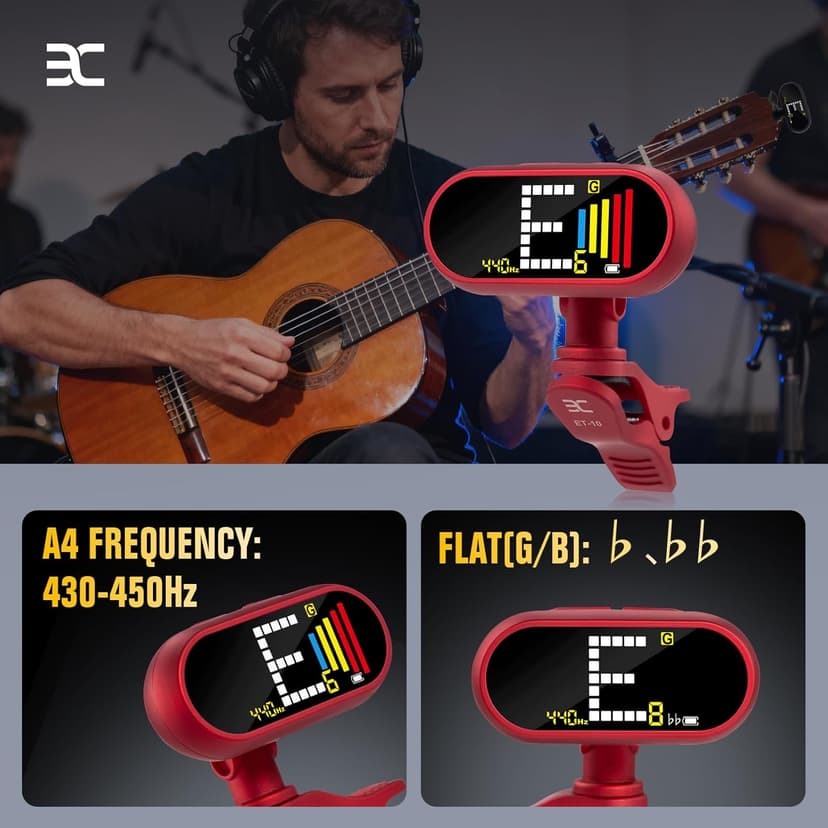 EX Professional Rechargeable Chromatic Clip-On Guitar Tuner — Fast, Ultra-Accurate Clip-On Tuner with Color LCD for Acoustic Guitar, Bass Guitar, Ukulele & Violin, Red