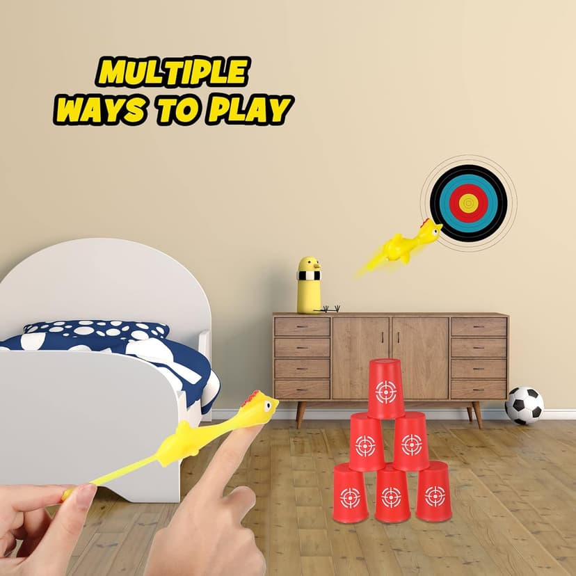 Chalyna 22 Pcs Flying Chicken Slingshot Rubber Finger Chicken Slingshot Include 16 Rubber Finger Toys 6 Dart Cups Funny Christmas Stuffers Novelty Gifts for Birthday Christmas Easter Party Favor