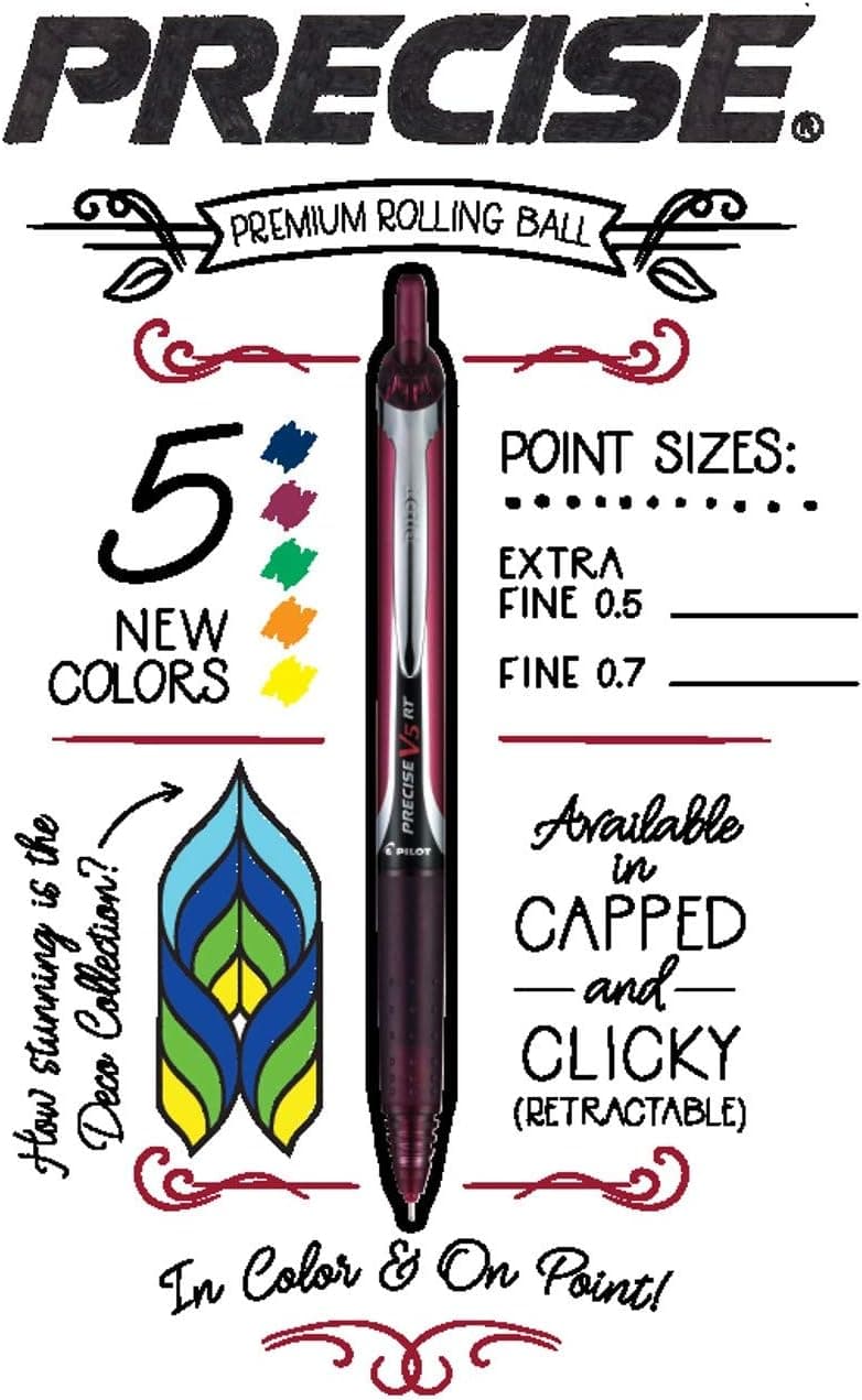 Pilot Precise V5 RT Refillable & Retractable Rollerball Pens, Extra Fine Point Pens 0.5 mm, Black, Pack of 2 - Ideal for School, Journaling & Office Writing