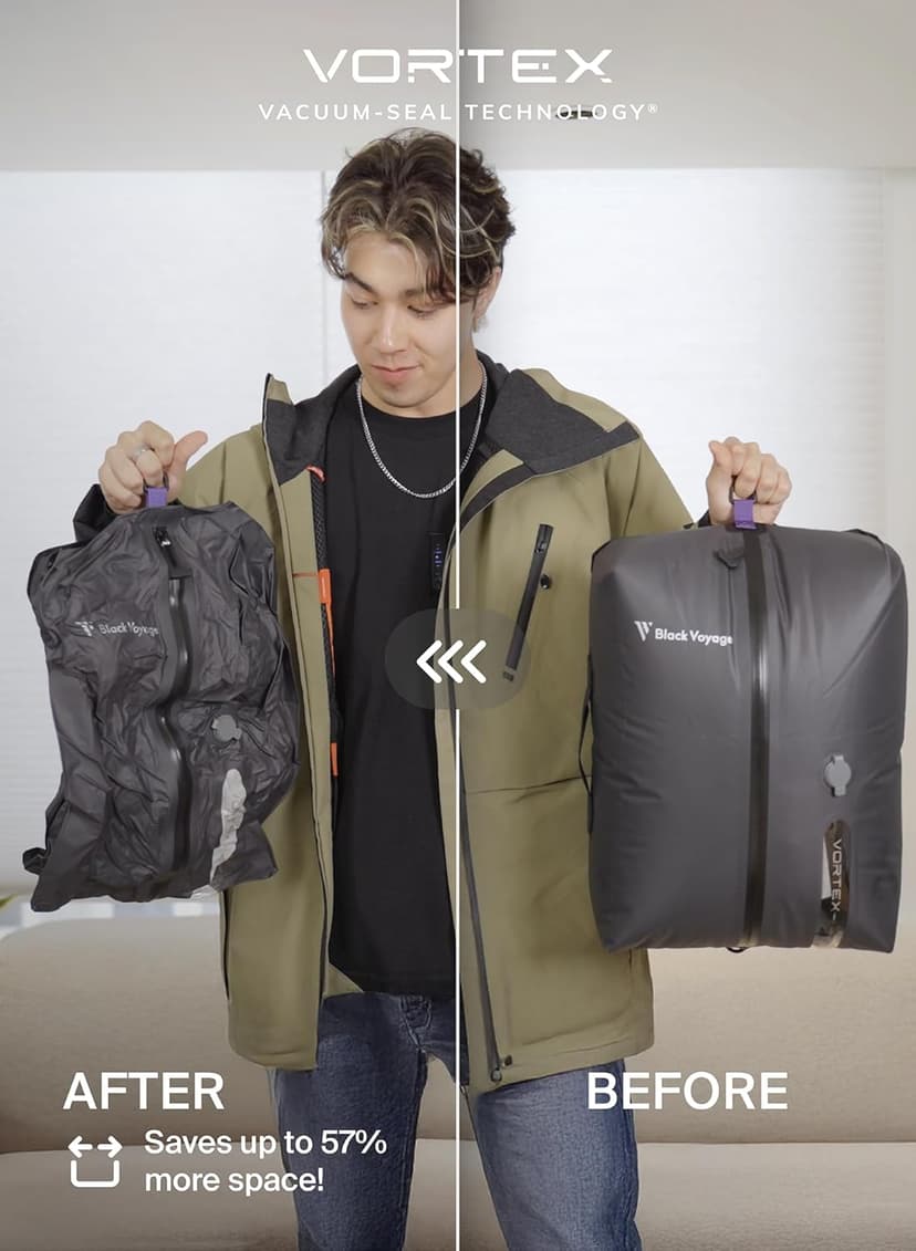 Black Voyage Reusable Vacuum Compression Travel Bag for Carry-On Suitcase and Backpack, Recycled IP67 Waterproof Space Saver Vacpack (2-Pack, 18L - Pump Included)