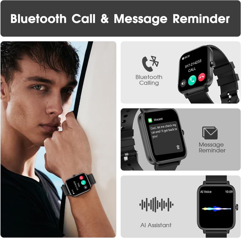 Smart Watch (Answer/Make Call): 1.85" Waterproof Fitness Trackers with 24-Hours Blood Pressure Heart Rate SpO2 Sleep Monitor Watches for Men Women, iPhone Android Compatible (Stone Black)