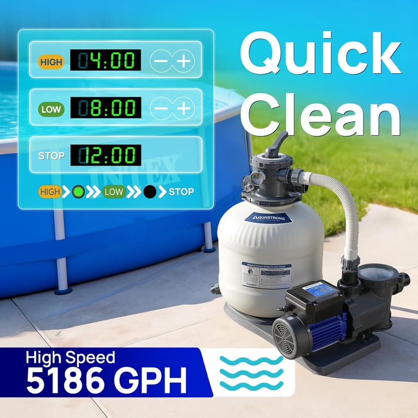 AQUASTRONG In/Above Ground Pool Pump, High Flow (Dual Speed with Timer, 2HP, 115V, 5186 GPH)