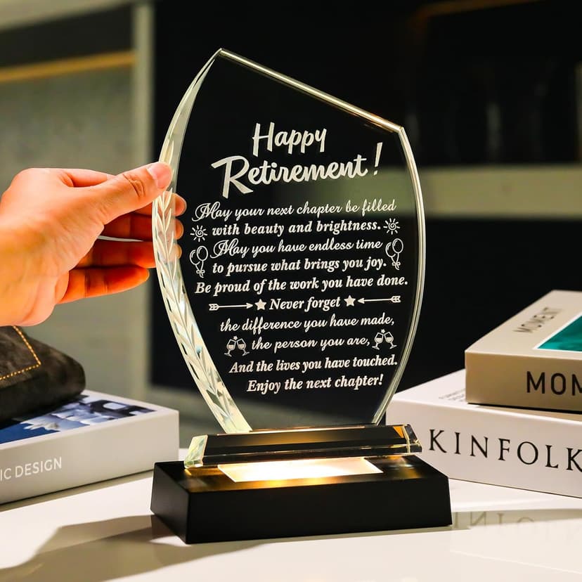 Movdyka Retirement Gifts for Women Men - 2025 Happy Retirement Crystal Keepsakes Plaque with Light Base Best Retired Gift for Woman Teacher Doctor Nurse Coworkers Boss Mom Friends Retiring Decor