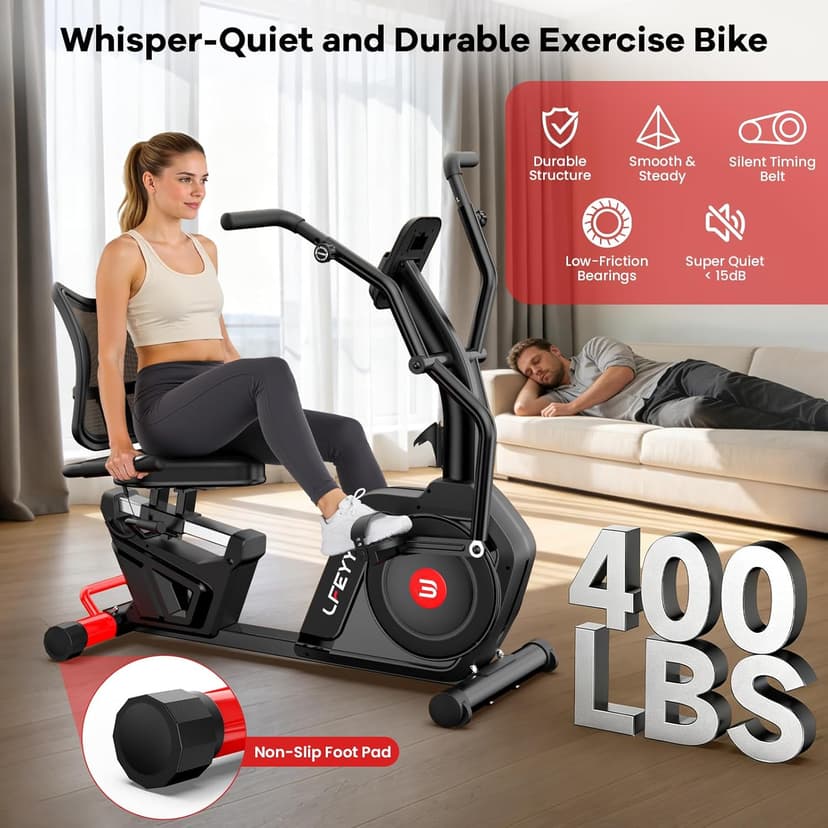 Recumbent Exercise Bike, Stationary Recumbent Exercise Bike for Home with Arm Exerciser, 16-Level Magnetic Resistance, Bluetooth App, LCD Monitor, Heart Rate, Heavy-Duty Frame