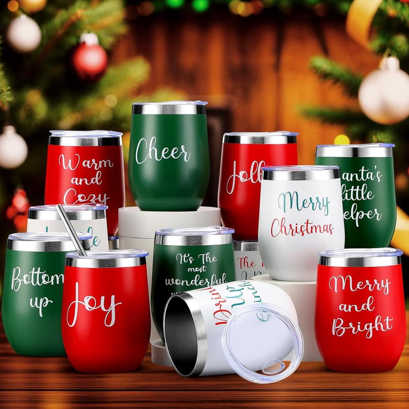 12 Pcs Christmas Wine Tumbler Set, 12 Oz Stainless Steel Double Wall Vacuum Insulated Coffee Mug Stemless Xmas Wine Glasses With Lid Straw Brushes for Women Friends Men Travel Gifts (Texts)