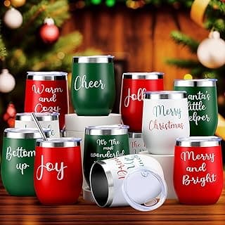 12 Pcs Christmas Wine Tumbler Set, 12 Oz Stainless Steel Double Wall Vacuum Insulated Coffee Mug Stemless Xmas Wine Glasses With Lid Straw Brushes for Women Friends Men Travel Gifts (Texts)