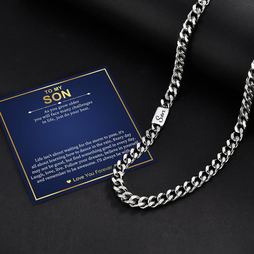 MEALGUET Stocking Stuffers 2025 Idea for Teen Boys Brother Son Grandson Love You Forever Engraved Stainless Steel Cuban Link Chain Necklace for Men Curb Chains Necklaces Jewelry Gift with Card
