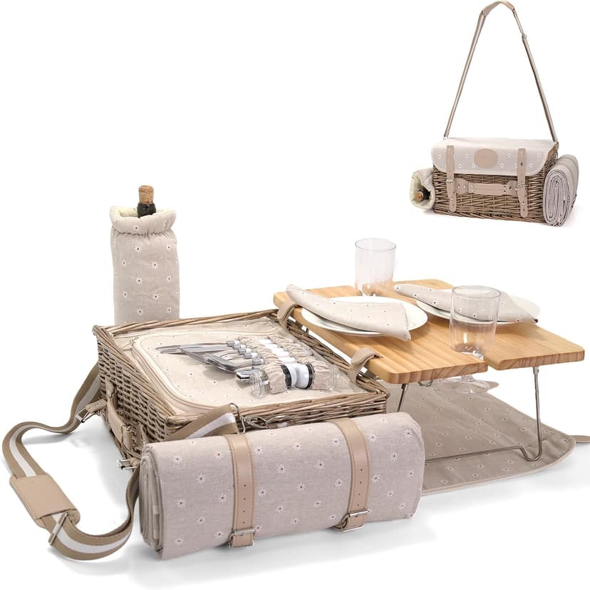 Multifunctional Wicker Picnic Basket Set for 2 with Blanket and Picnic Table, Insulated Picnic Set with Full Tablewares for Camping Outdoor Couples, Flowers B0D4Q11DMV