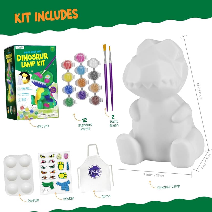 Paint Your Own Dinosaur Lamp Kit, Art Supplies Kids Paint Set, Arts and Crafts for Kids Ages 8-12, Dinosaur Toys Girls Boys Halloween Birthday Christmas Gifts Ages 3 4 5 6 7 8 9 10 11 12+