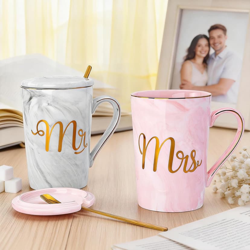 Gifts for Anniversary Bride and Groom, 14oz Ceramic Mr and Mrs Mug Set with Real Gold Foil, Greeting Card, Gift Box Biching Wedding Gifts for Couples 2026, Bridal Shower Engagement Gift B0CF3SG6DX