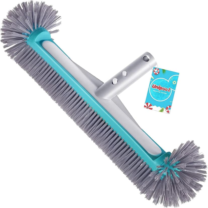 Swimming Pool Brush Head with Round Ends,17.5" Heavy Duty Aluminum Back Head for Cleans Walls, Tiles & Floors, 7 Rows Premium Nylon Bristles with EZ Clips (Blue Grey)