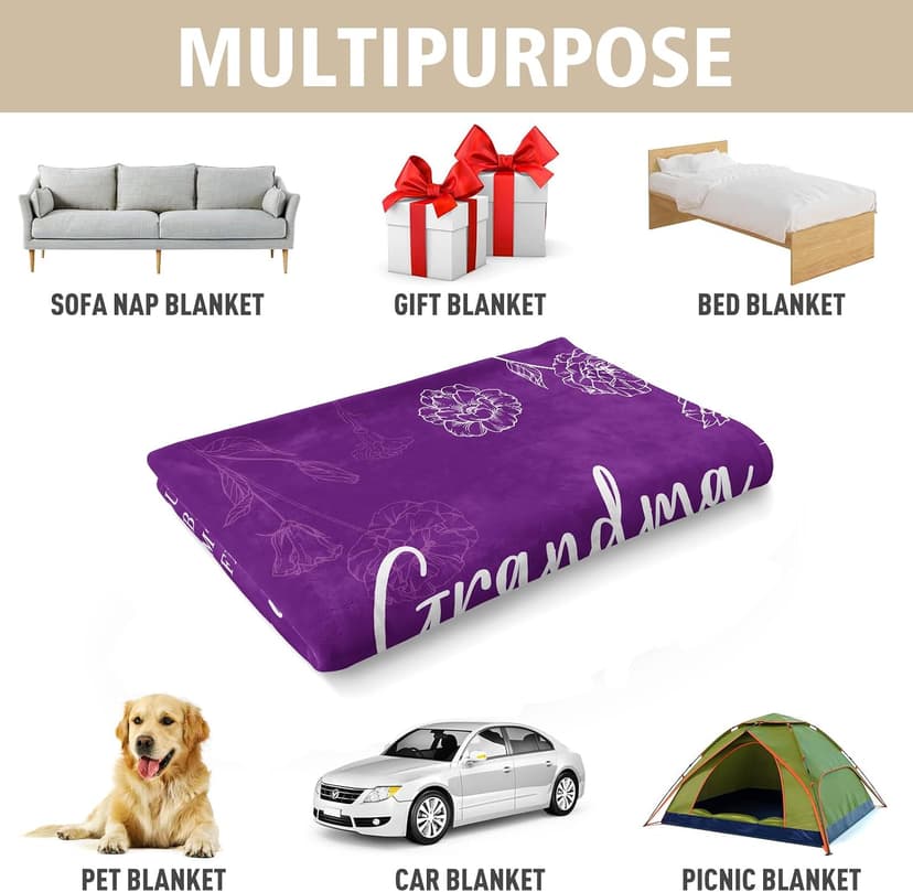 Birthday Gifts for Grandma from Grandkids, to My Grandmother Soft Flannel Throw Blanket for Christmas Mothers Day GiltGlimmer Grandma Gifts, Grandma Floral Blanket 50" x 60", Purple B0CNJQRH77
