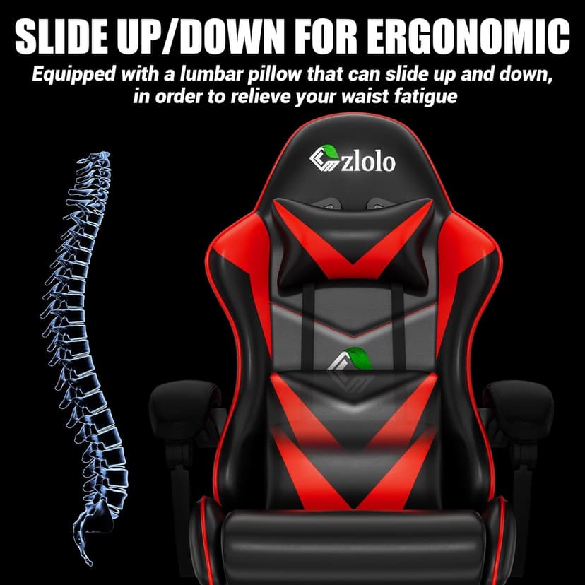 Czlolo Gaming Chair with Footrest Racing Style Lumbar Support Massager Video Game Chair with Metal Legs, High Back Reclining Gamer Chair with Headrest, 360° Swivel Office Computer Desk Chair (Red)