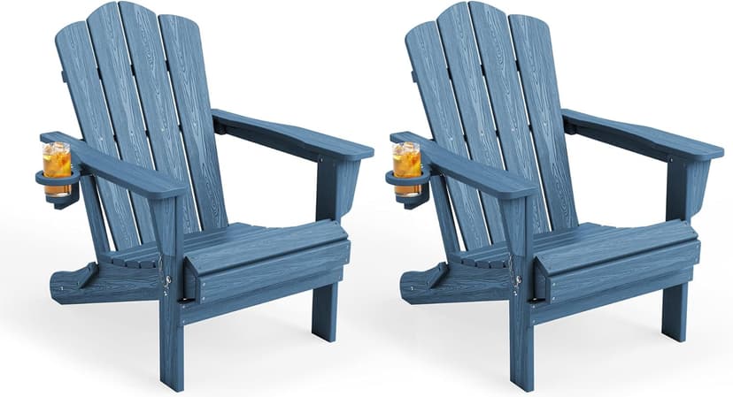 KINGYES Folding Adirondack Chair Set of 2, HDPE All-Weather Patio Chairs with Cup Holder, Wooden Textured Fire Pit Chairs Recliner for Poolside, Backyard, Deck, Navy