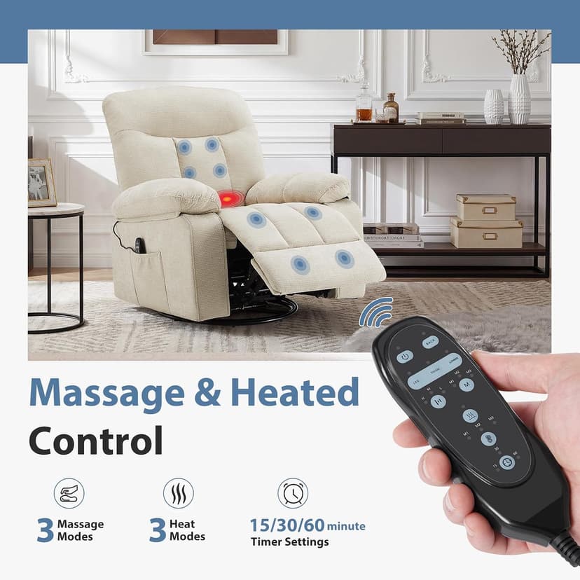 Recliner Chair, Durable & Tear-Resistant Massage Chair with Heating, Premium Chenille Fabric Massage Recliner Supports up to 380 LBS for Living Room, Bedroom, Beige