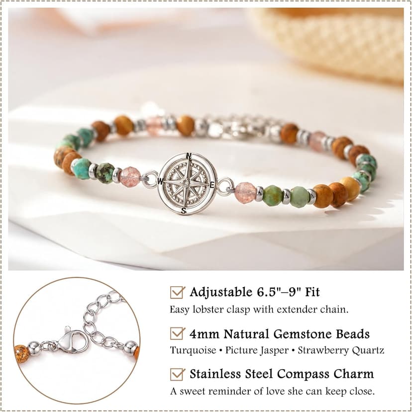 6.5-9 Inch Adjustable Bracelet with Message Card, Farewell Goodbye Going Away Graduation Gift for Friend Coworkers Familys Compass Bracelet for Women, Retirement You Will Be Missed Travel Gifts B0FS17C1MP