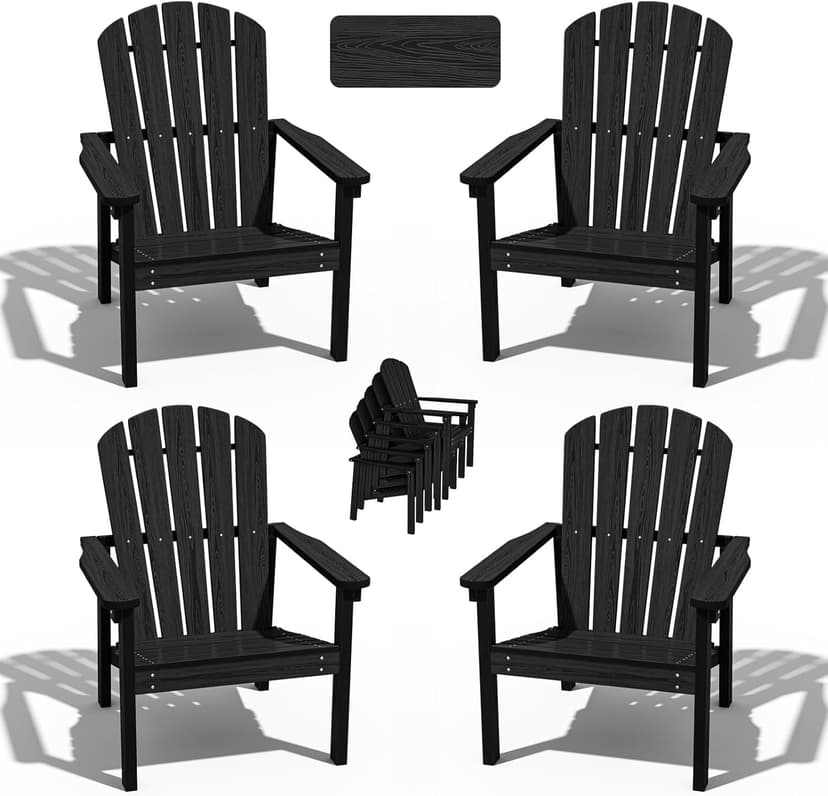 nevilywood Compact Stackable Adirondack Chairs Set of 4, 26.3" Wide HDPE Outdoor Patio Chairs - Durable, Space-Saving Design for Porch, Lawn or Garden, Black