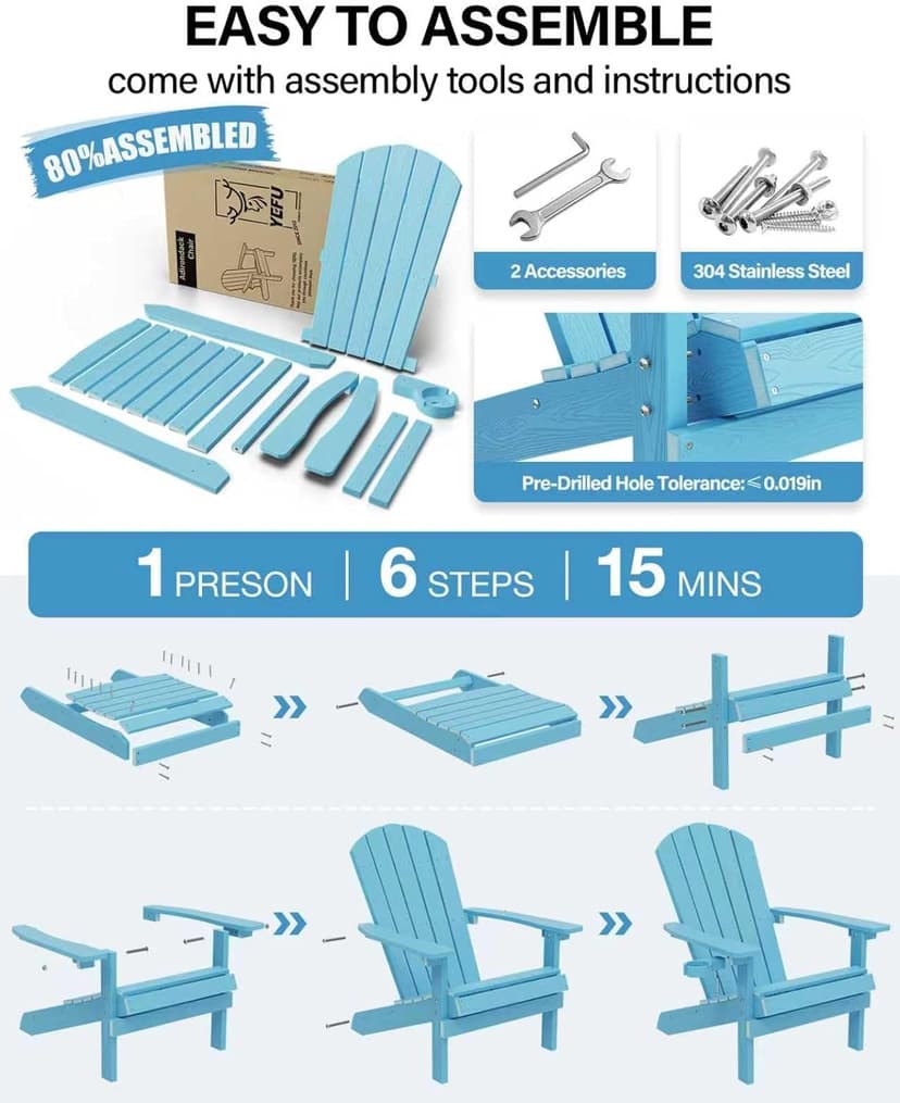 YEFU Adirondack Chair Weather Resistant: Outdoor Chair HIPS Plastic Adirondack Chairs - Patio Chairs with Cup Holder & Wood Texture - Lawn Fire Pit Deck Porch Garden Chairs for Adults (Blue)