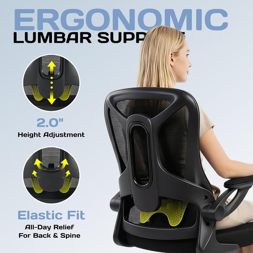 Ergonomic Office Chair, 300 lbs Heavy Duty Mesh Computer Chair with Adjustable Lumbar Support, 90° Flip-up Arms Space Saving Desk Chair, Mid Back Breathable Task Chair for Home Office, Black