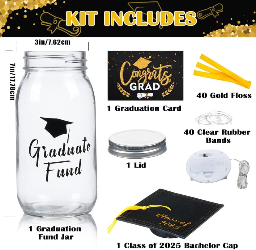 2025 Graduation Gifts for Her/Him- Lighted Graduation Mason Jar Filled with Money & Class of 2025 Cap Kit,Graduation Decorations Class of 2025 Graduation Centerpieces, Money Gift Ideas for Boys Girls