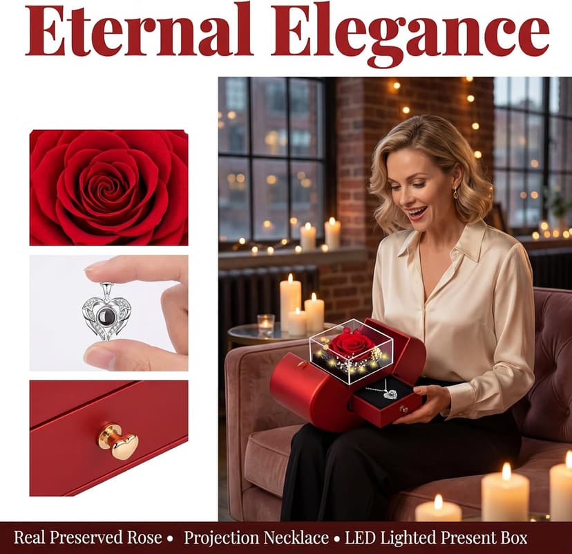 moshen Preserved Red Rose Flower Gift Box with LED Lights, Romantic Gift for Women, Ideal Gift for Mom Wife Girlfriend on Mother's Day, Valentine's Day, Christmas, Birthdays Anniversary (Red) B0FRNKJRLH